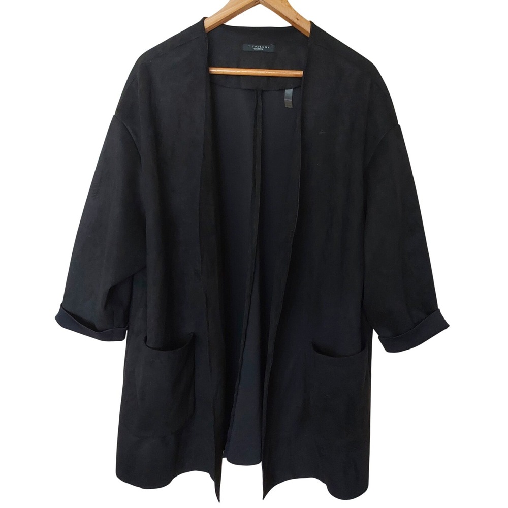 T Tahari Woman Black Faux Suede Open Front Jacket Plus 2X Quiet Luxury Chic City